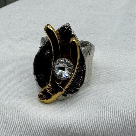 Vintage J. Jansen Gold Silver Tone Hammered Crystal Cocktail Ring Size 6.5 - Picture 11 of 12
